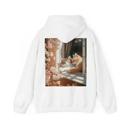 Two Cats Napping Window Cherry Blossoms