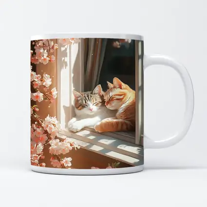 Two Cats Napping Window Cherry Blossoms
