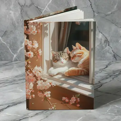 Two Cats Napping Window Cherry Blossoms