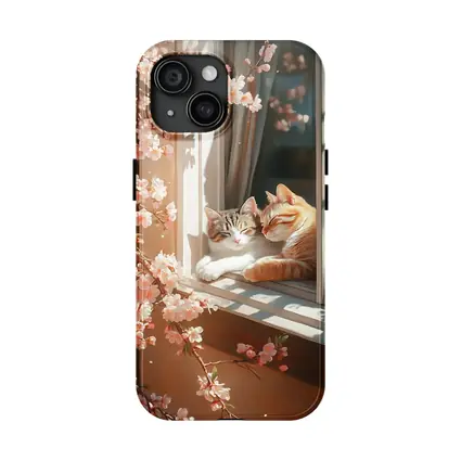 Two Cats Napping Window Cherry Blossoms