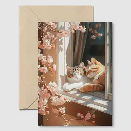 Two Cats Napping Window Cherry Blossoms