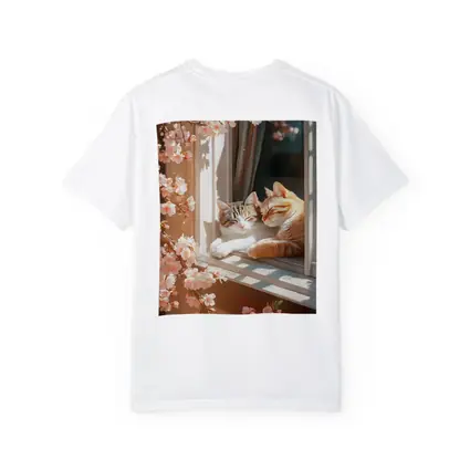 Two Cats Napping Window Cherry Blossoms