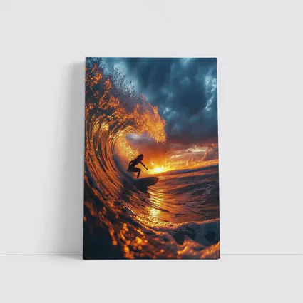 Surfer Riding Wave At Golden Sunset