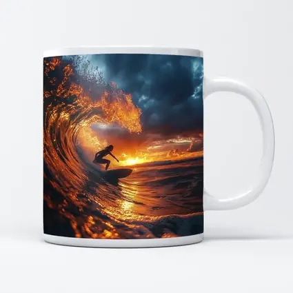Surfer Riding Wave At Golden Sunset
