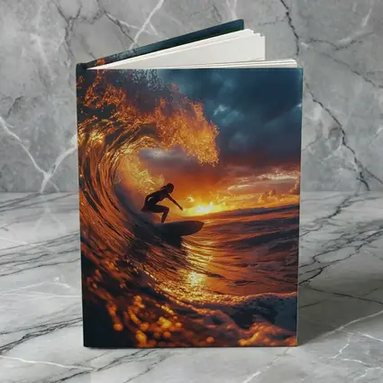 Surfer Riding Wave At Golden Sunset