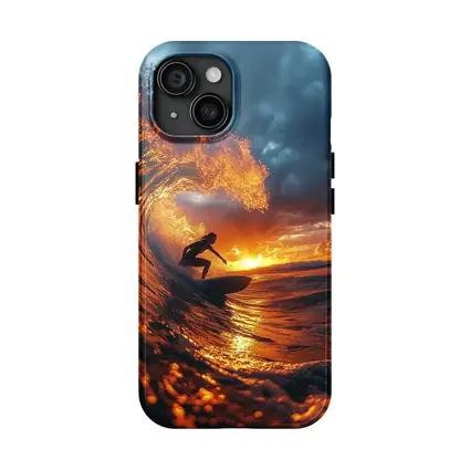 Surfer Riding Wave At Golden Sunset