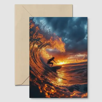 Surfer Riding Wave At Golden Sunset