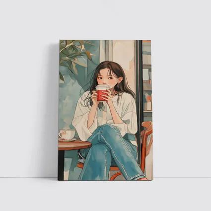 Anime Girl Drinking Coffee Cafe Watercolor