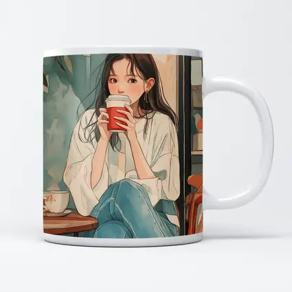 Anime Girl Drinking Coffee Cafe Watercolor