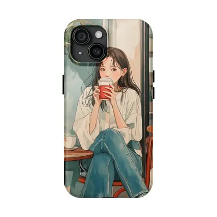 Anime Girl Drinking Coffee Cafe Watercolor