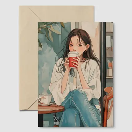 Anime Girl Drinking Coffee Cafe Watercolor