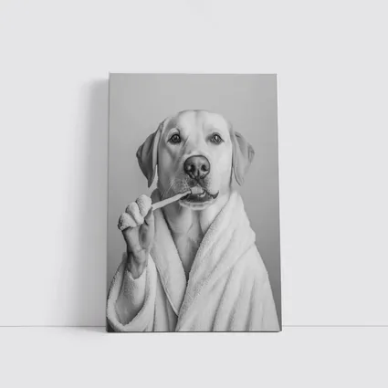 Labrador Dog Brushing Teeth Black White