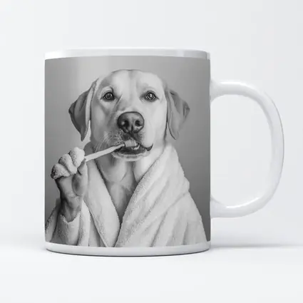 Labrador Dog Brushing Teeth Black White
