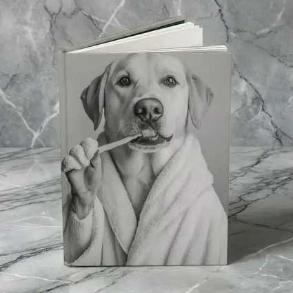 Labrador Dog Brushing Teeth Black White