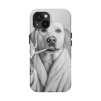 Labrador Dog Brushing Teeth Black White