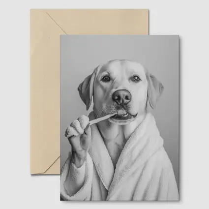 Labrador Dog Brushing Teeth Black White