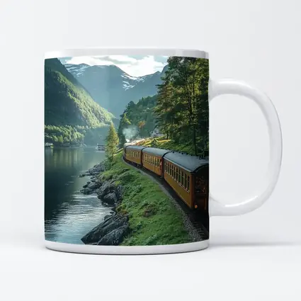Vintage Train Running Along Mountain Fjord