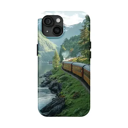 Vintage Train Running Along Mountain Fjord