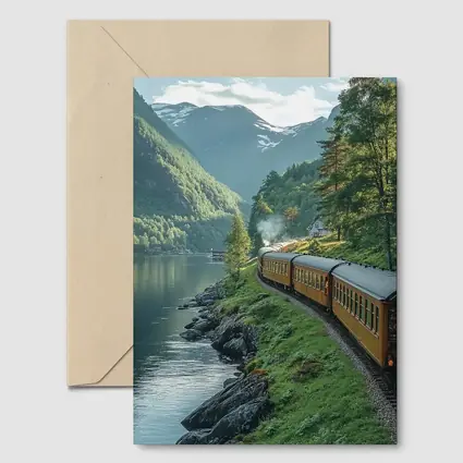 Vintage Train Running Along Mountain Fjord