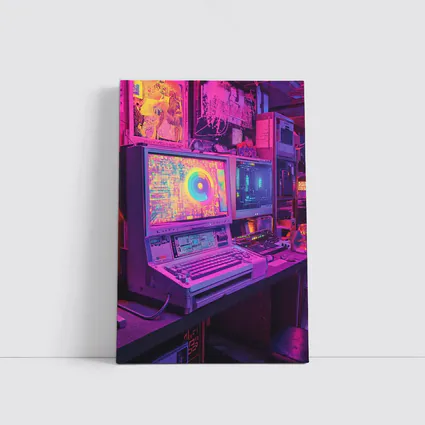 Retro Computer Setup Neon Cyberpunk Room