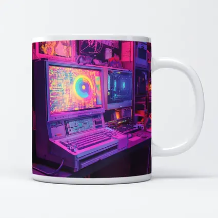 Retro Computer Setup Neon Cyberpunk Room
