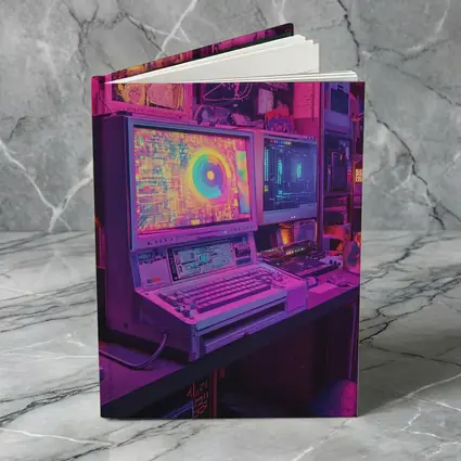 Retro Computer Setup Neon Cyberpunk Room