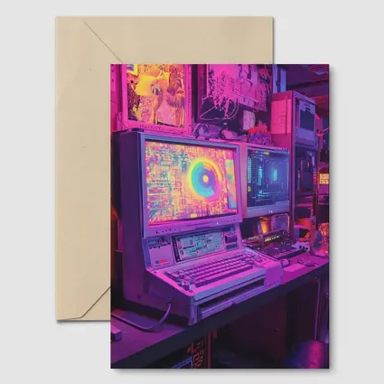 Retro Computer Setup Neon Cyberpunk Room