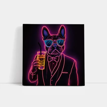 Neon French Bulldog Suit Sunglasses Dark Background