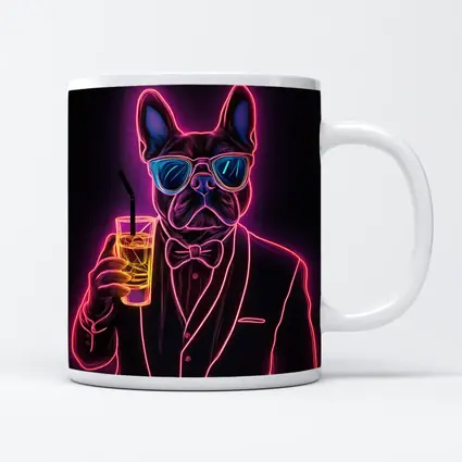 Neon French Bulldog Suit Sunglasses Dark Background