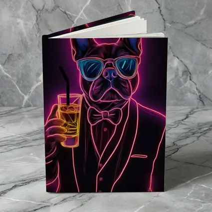 Neon French Bulldog Suit Sunglasses Dark Background