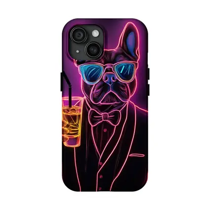 Neon French Bulldog Suit Sunglasses Dark Background