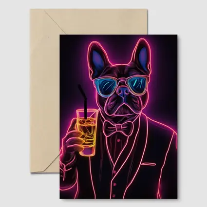 Neon French Bulldog Suit Sunglasses Dark Background