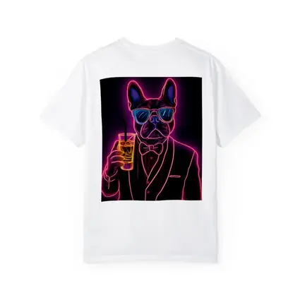 Neon French Bulldog Suit Sunglasses Dark Background