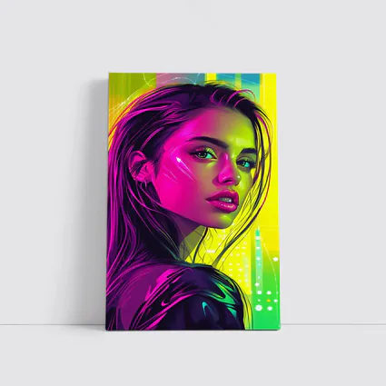 Neon Pop Art Portrait Girl Yellow Background