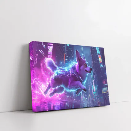 Corgi Dog Running Neon Cyberpunk City