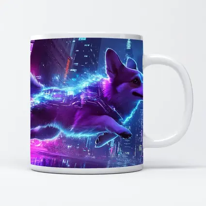 Corgi Dog Running Neon Cyberpunk City