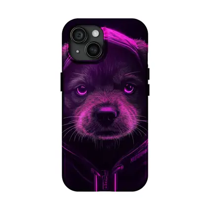 Neon Puppy Wearing Hoodie Dark Background