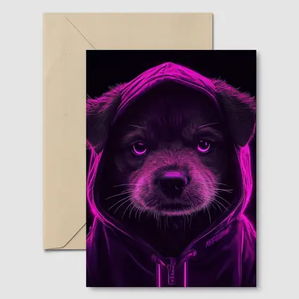 Neon Puppy Wearing Hoodie Dark Background