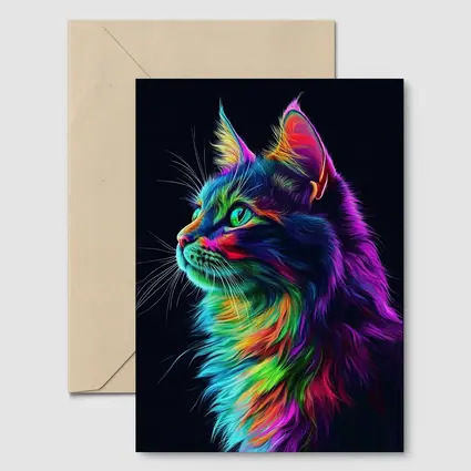 Neon Rainbow Maine Coon Cat Black Background