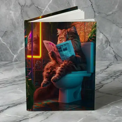 Fluffy Cat Reading Newspaper Neon Bathroom