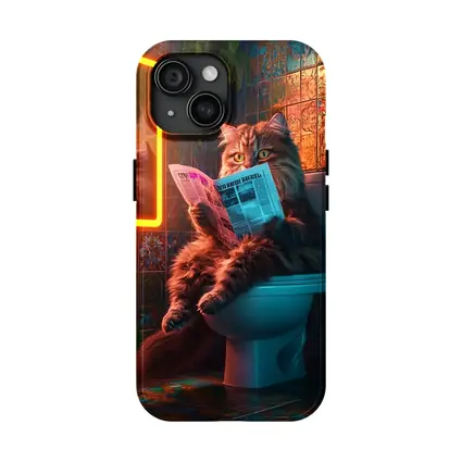 Fluffy Cat Reading Newspaper Neon Bathroom