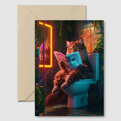Fluffy Cat Reading Newspaper Neon Bathroom