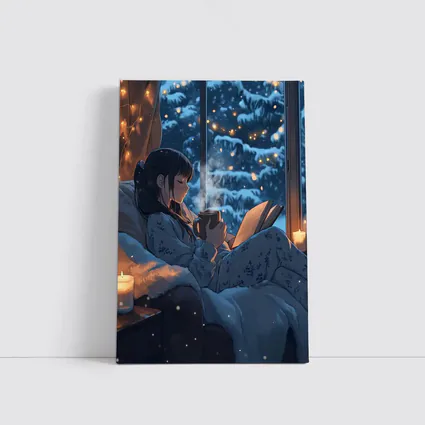 Anime Girl Reading Book Snowy Winter Night