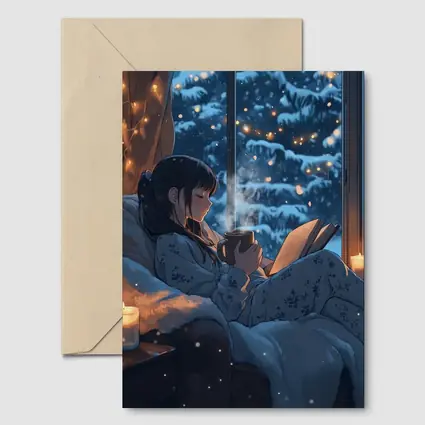 Anime Girl Reading Book Snowy Winter Night