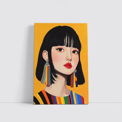 Korean Girl Portrait Colorful Stripes Yellow Background