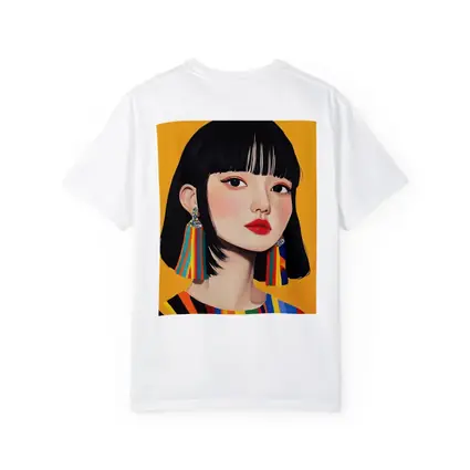 Korean Girl Portrait Colorful Stripes Yellow Background