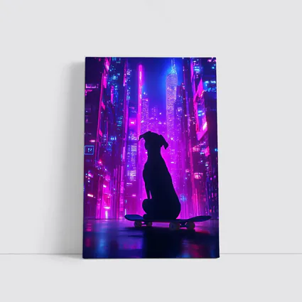 Dog Silhouette Skateboard Neon Cyberpunk City