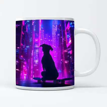 Dog Silhouette Skateboard Neon Cyberpunk City