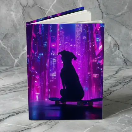 Dog Silhouette Skateboard Neon Cyberpunk City