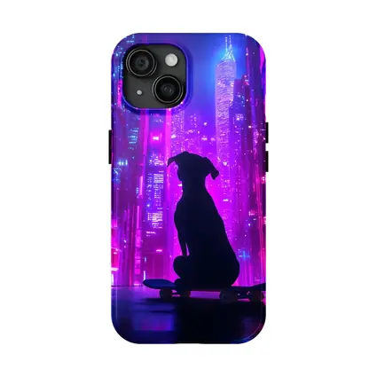 Dog Silhouette Skateboard Neon Cyberpunk City